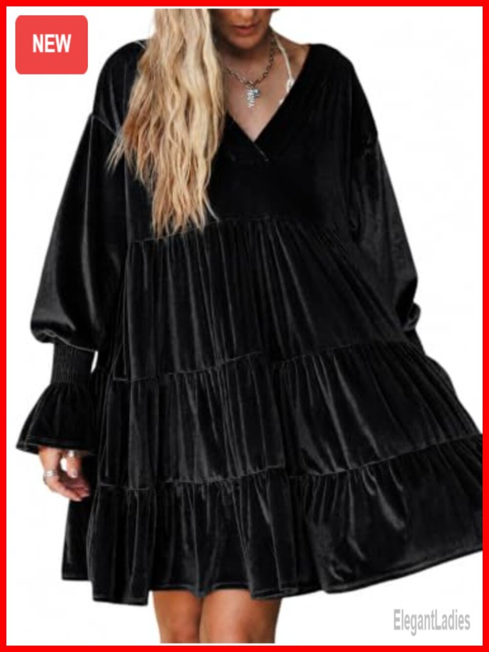 Womens Velvet Tunic Dress Long Puff Sleeve Tiered Ruffle V-Neck A-Line